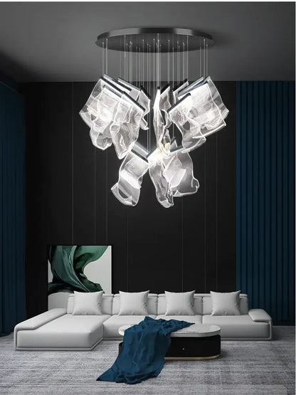 Modern decorbites™ led ceiling chandelier with circular metal base and cascading transparent glass for living room use