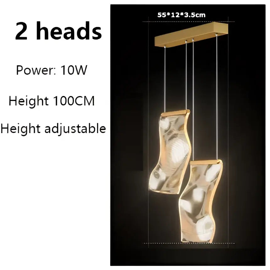 Gold-toned sculptural LED ceiling chandelier with two hanging heads for modern living room lighting by DecorBites™