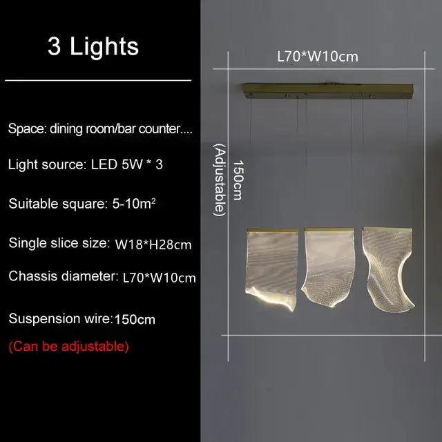 Modern minimalist DecorBites™ led ceiling chandelier with three translucent wave-shaped glass panels for living room