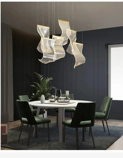DecorBites™ LED ceiling chandelier with translucent flowing glass shades and gold accents for modern living room
