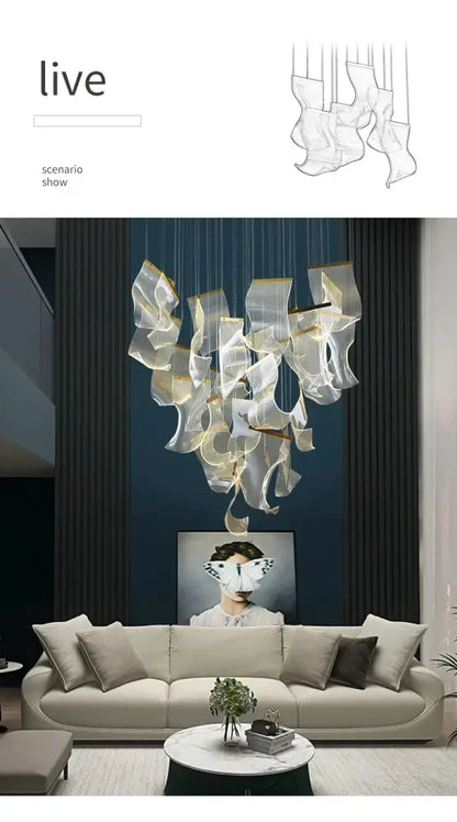 Decorbites™ led ceiling chandelier with translucent acrylic shades and gold accents hanging above living room space