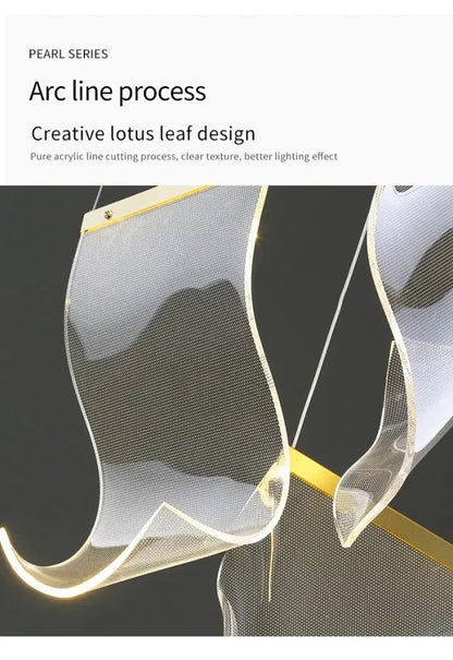 Decorbites™ led ceiling chandelier with transparent acrylic lotus leaf pendant and gold-toned metal frame for living room