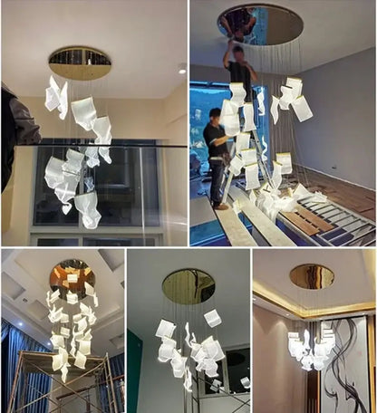 DecorBites™ modern white paper-like led ceiling chandelier with circular gold-toned mount for living room use