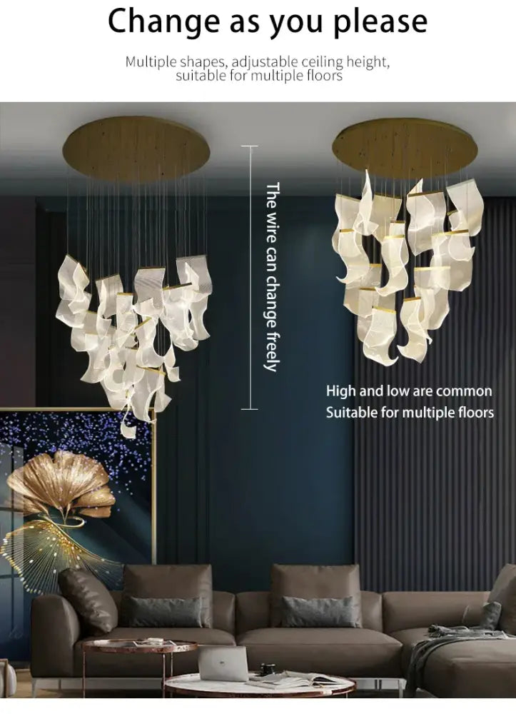 Modern white led ceiling chandelier with sculptural design and gold-toned circular mount for living room use