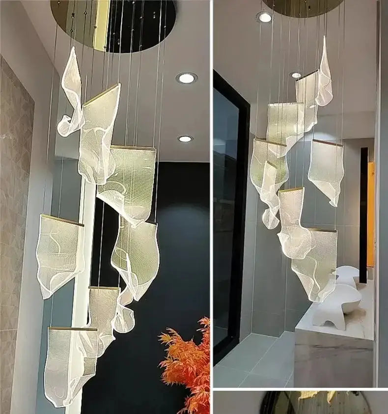 Modern white sheer fabric ceiling chandelier with gold-trimmed panels and sculptural drapes for living room LED use