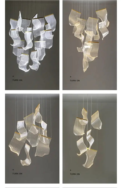 Modern white translucent acrylic led ceiling chandelier with gold accents and sculptural design for living room use