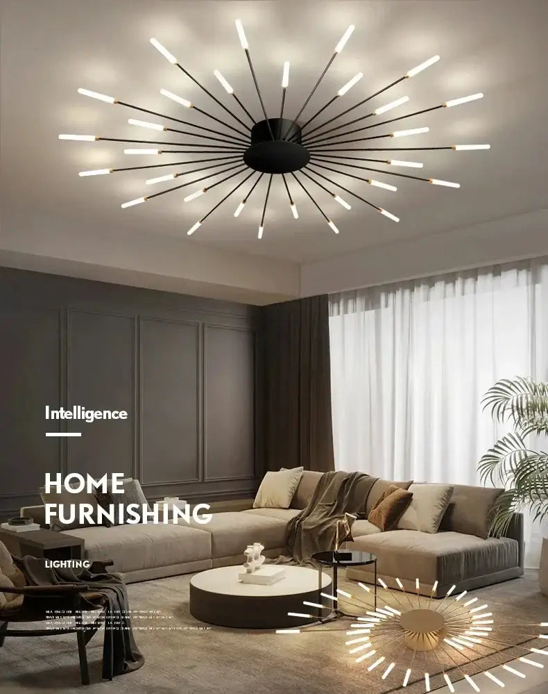 DecorBites™ nordic design black starburst chandelier light with led bulbs on slender rods ceiling lamp