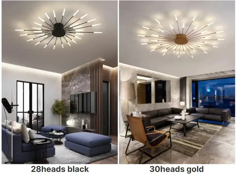 Black and gold starburst decorbites™ led ceiling chandelier light with multiple slender arms in nordic design