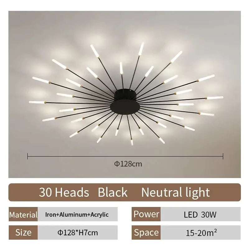 Black modern DecorBites™ led ceiling chandelier light with 30 LED heads radiating from a circular base Nordic design