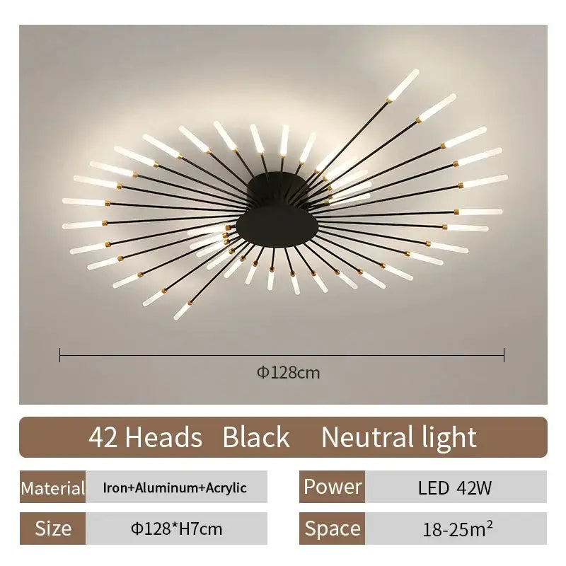 DecorBites™ led ceiling chandelier light with 42 slender black arms and neutral white bulbs in nordic design
