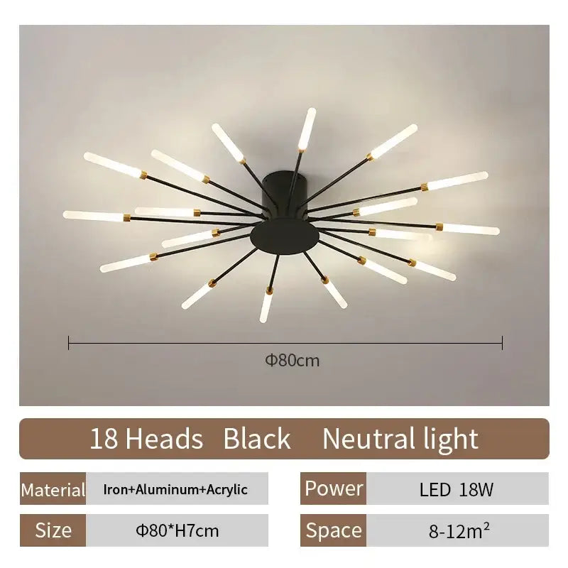 Decorbites™ led ceiling chandelier light in black with 18 radiating led arms and frosted acrylic bulbs nordic design