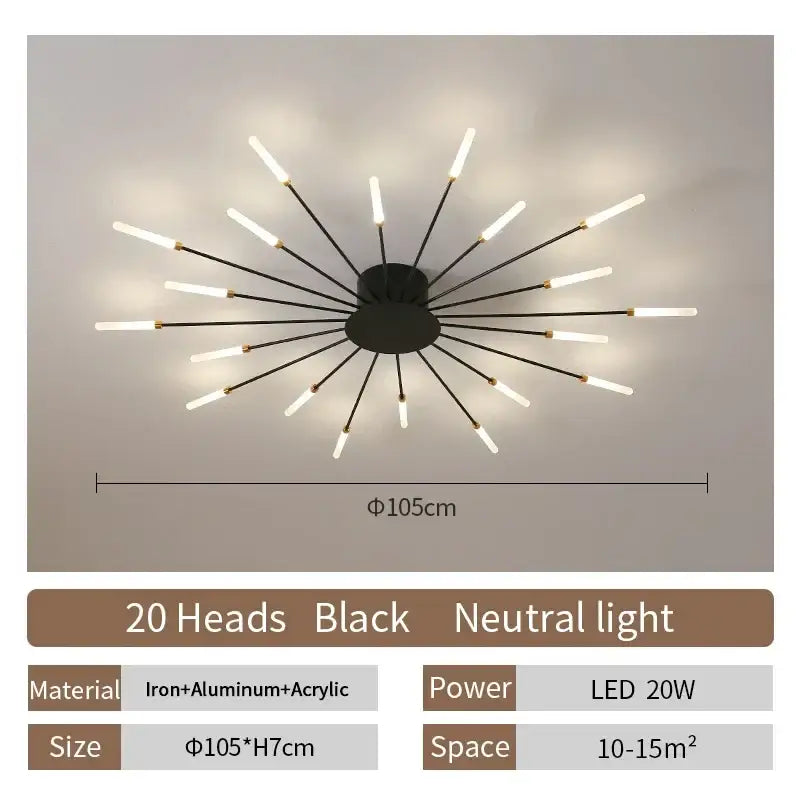 DecorBites™ LED ceiling chandelier light with 20 black slender arms and frosted LED bulbs in Nordic design
