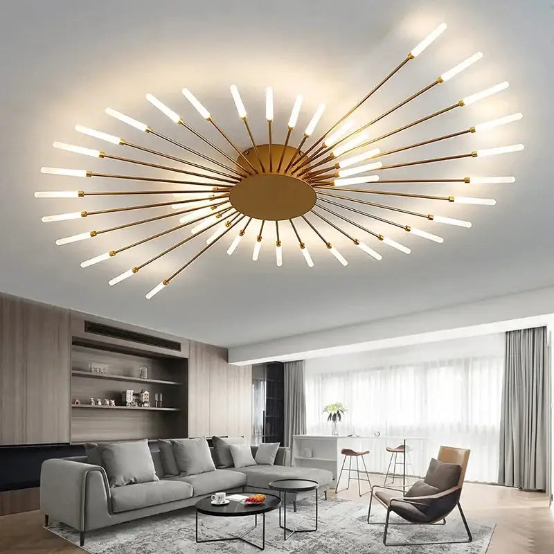 DecorBites™ gold-toned led ceiling chandelier light with slender rods and elongated white led bulbs Nordic design