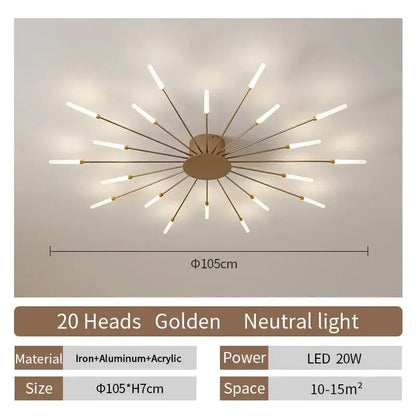 Golden starburst decorbites led ceiling chandelier light with 20 led heads made of iron and aluminum in nordic design