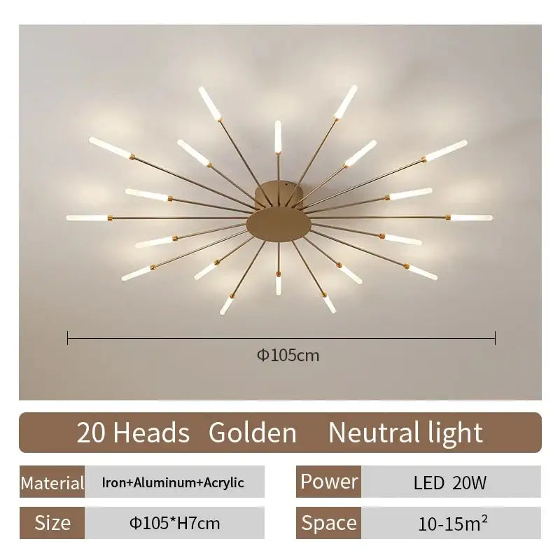 Golden starburst decorbites led ceiling chandelier light with 20 led heads made of iron and aluminum in nordic design