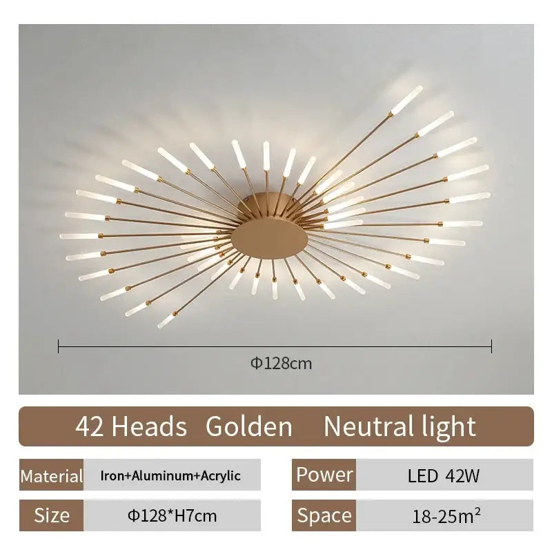 Golden sunburst DecorBites™ LED ceiling chandelier light with 42 bulbs crafted from iron and aluminum in Nordic design