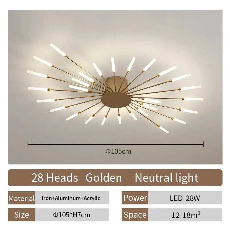 Golden starburst DecorBites™ LED ceiling chandelier light with 28 LED heads crafted from iron and aluminum