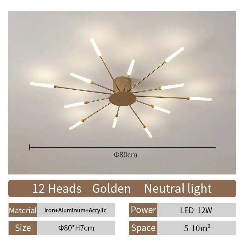 Golden DecorBites™ LED ceiling chandelier light with 12 sleek radiating arms and central circular base nordic design
