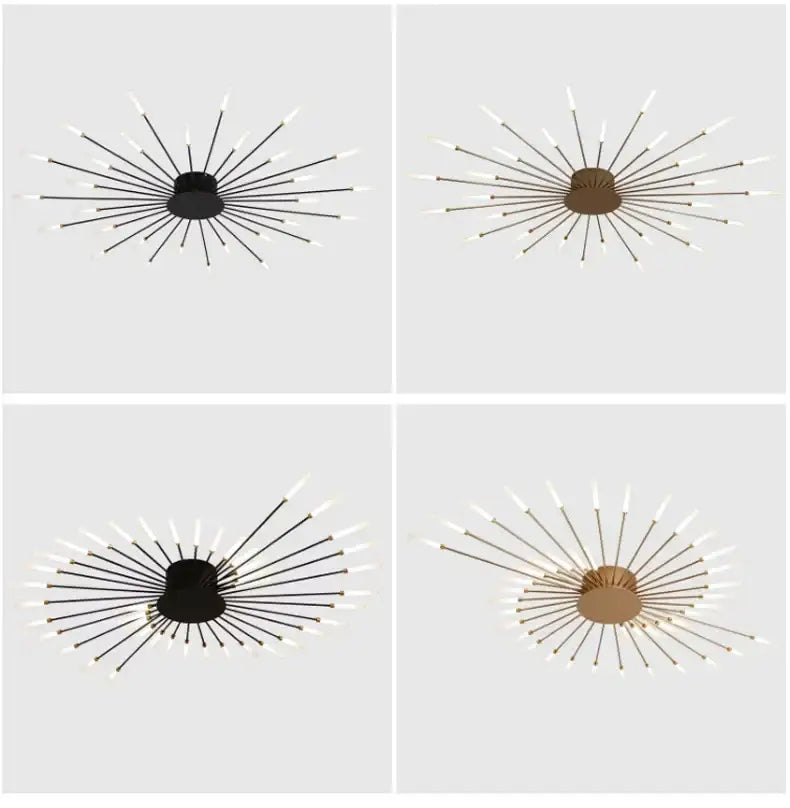 DecorBites™ LED ceiling chandelier light in black or brass metal with frosted bulbs features modern starburst design