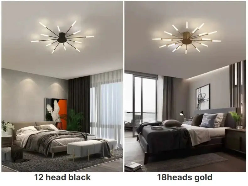 DecorBites™ led ceiling chandelier light with a central hub and slender arms in black or gold finish