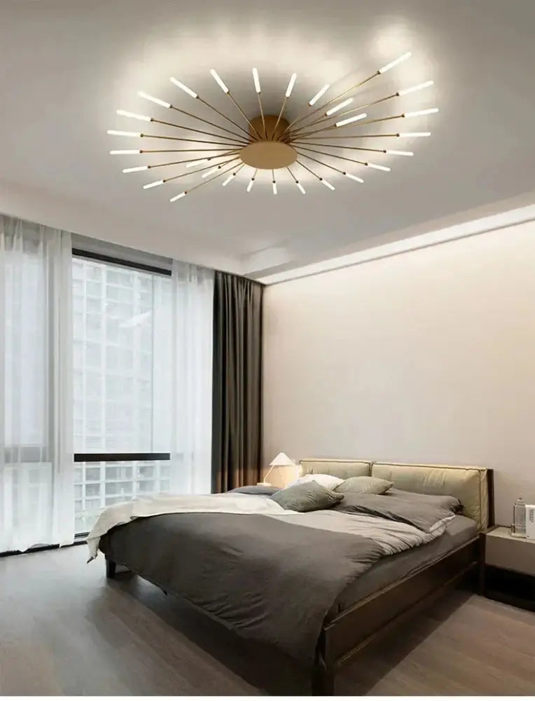 Decorbites™ led ceiling chandelier light with gold-toned frame and radiating white led rods nordic design ceiling lamp