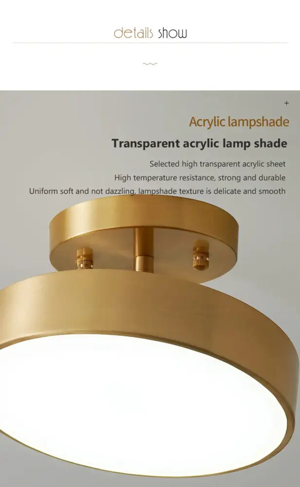 Gold-toned decorbites™ led ceiling light with transparent acrylic shade for bedroom and living room use