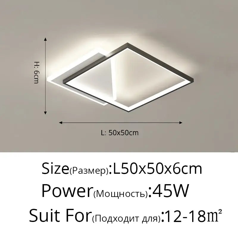 Modern minimalist decorbites led ceiling lights with sleek black frame and two overlapping square panels emitting soft white light