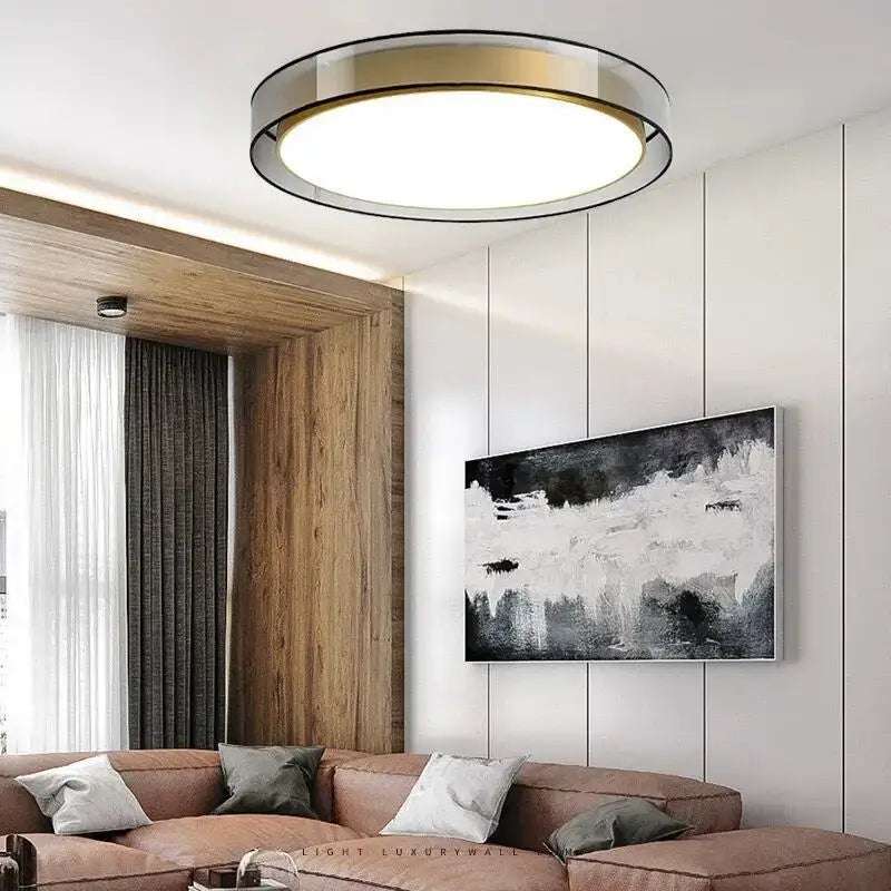 Modern circular decorbites led ceiling light with sleek gold and black metallic frame for bedroom and bathroom lighting