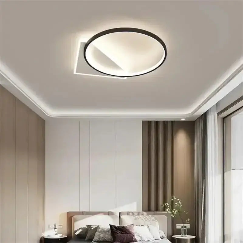 Modern circular decorbites led ceiling light with a sleek black frame and soft white illumination for indoor use
