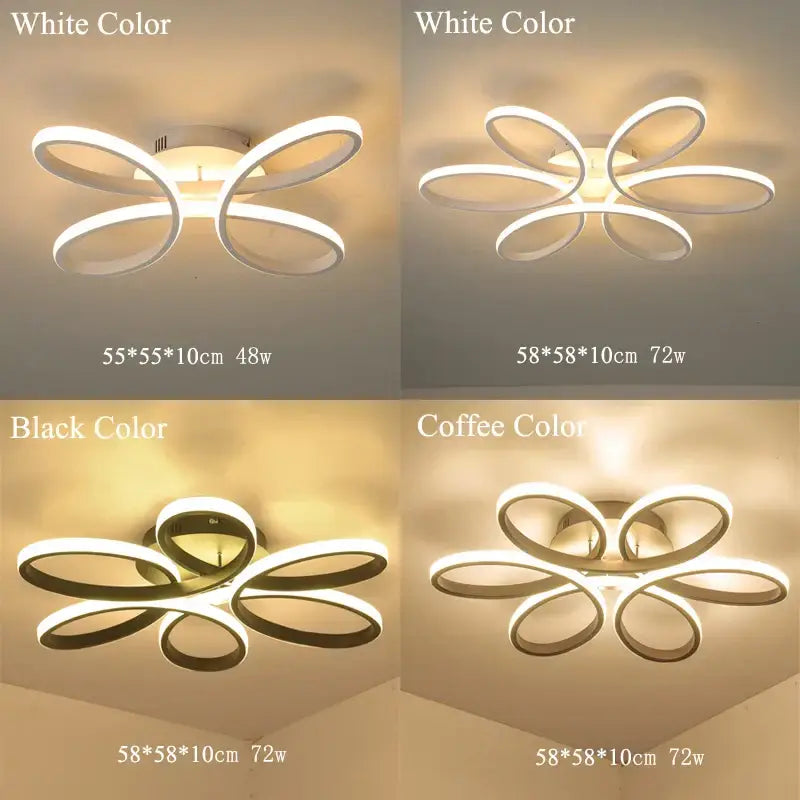 Modern DecorBites LED ceiling lights with five curved rings in white or black finish for living room or bedroom decor