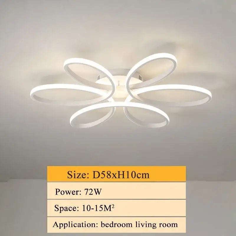 White decorbites led ceiling light with five curved rings in modern flower-like design for living room and bedroom use