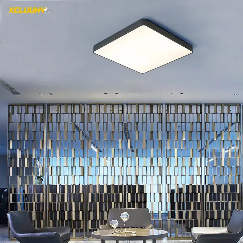 Modern square decorbites led ceiling light with sleek black iron frame and bright white panel for living room or bedroom