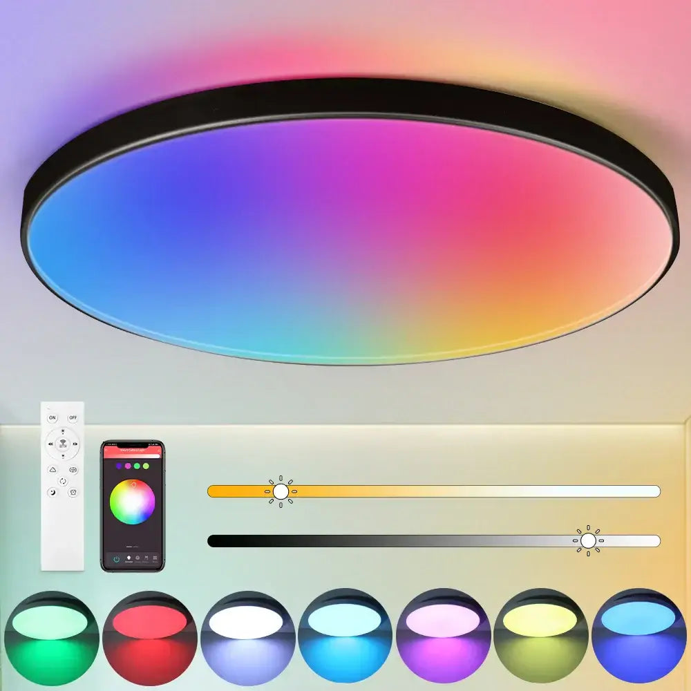 Circular led ceiling light by decorbites led ceiling with sleek black frame and customizable vibrant color gradients