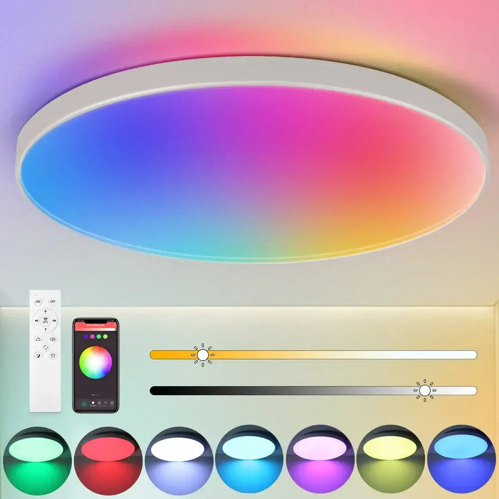 A modern circular decorbites led ceiling light with a white frame and customizable rgb illumination for modern spaces