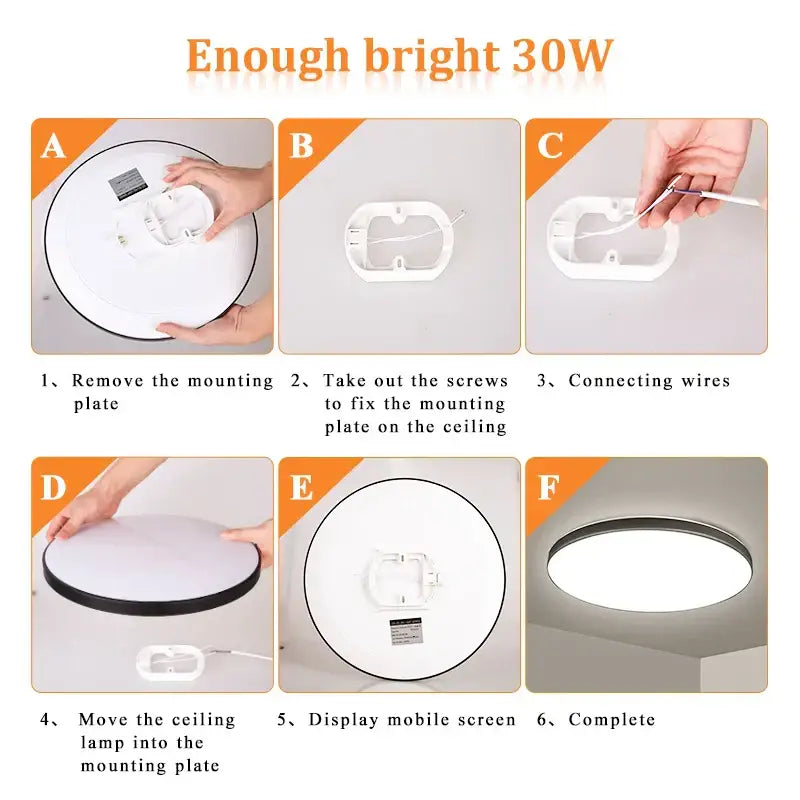 Circular ceiling-mounted DecorBites LED ceiling light with sleek white and black design and 30w brightness rating