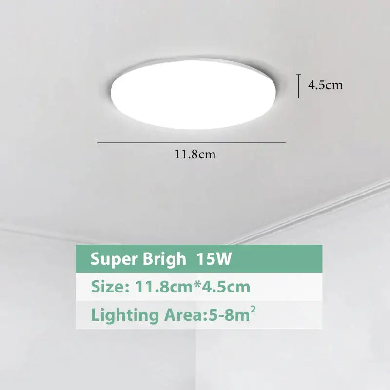 A sleek circular white decorbites led ceiling light with 15w brightness measures 11.8cm by 4.5cm