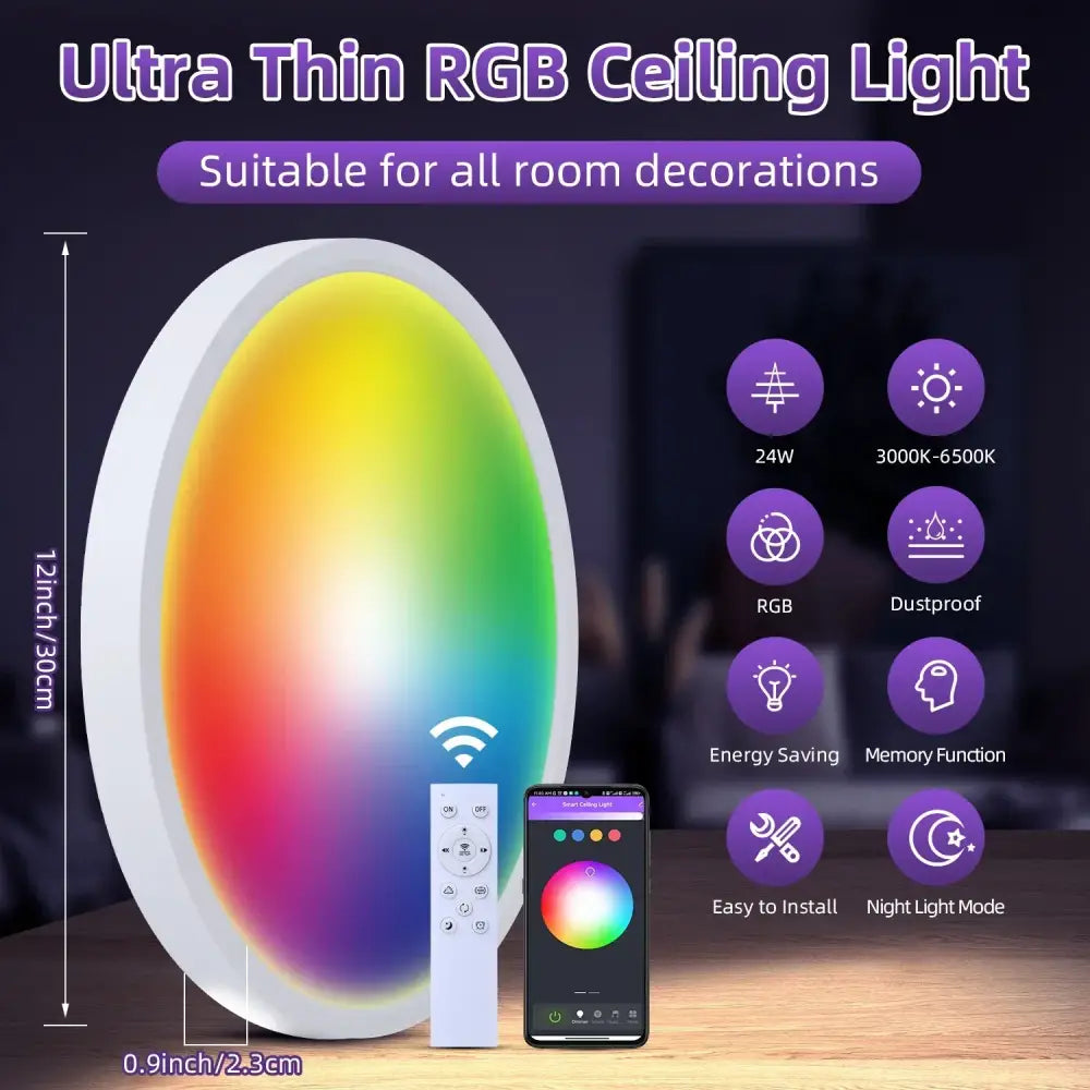 Ultra thin decorbites led ceiling light with sleek white circular design emitting vibrant rainbow illumination