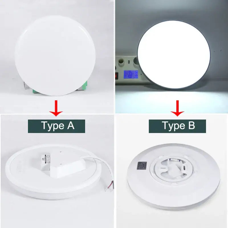 White circular DecorBites LED ceiling lights shown in two mounting and wiring configurations for modern spaces