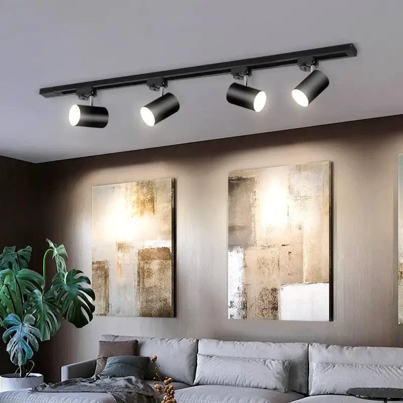 Black decorbites led ceiling lights with four adjustable spotlights in a modern track lighting fixture for indoor use