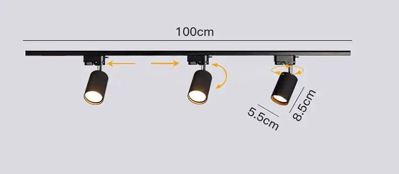 Black cylindrical decorbites led ceiling lights with adjustable heads mounted on 100cm rail for indoor use