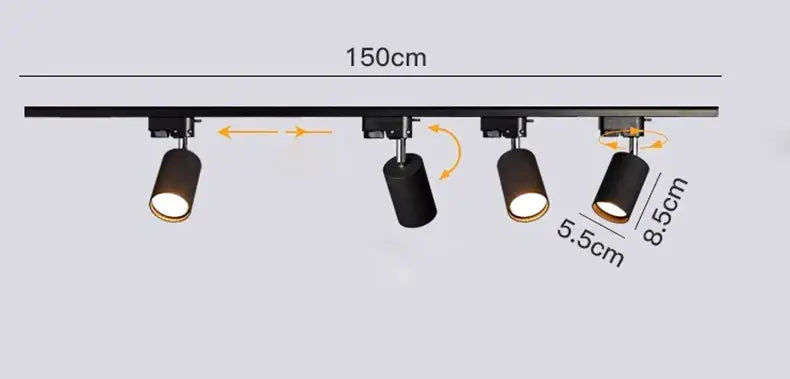 Black cylindrical decorbites led ceiling lights with adjustable heads mounted on a 150cm rail for indoor lighting
