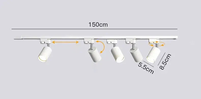 White cylindrical DecorBites led ceiling lights with adjustable heads mounted on a 150cm rail for indoor lighting