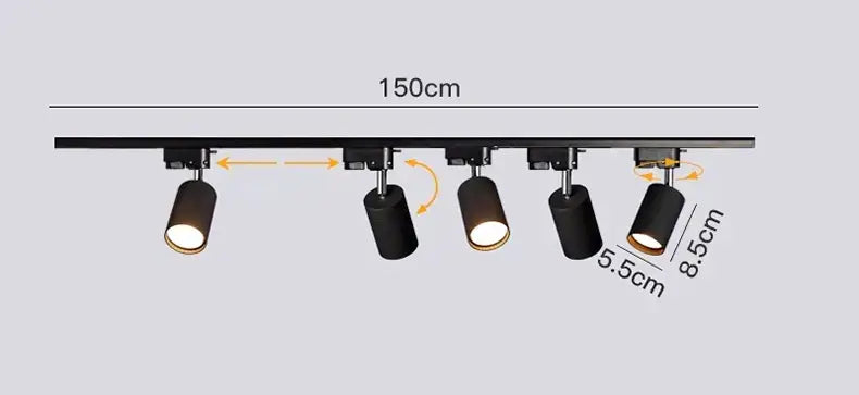 Black cylindrical decorbites led ceiling lights with adjustable heads mounted on a 150cm rail for indoor lighting