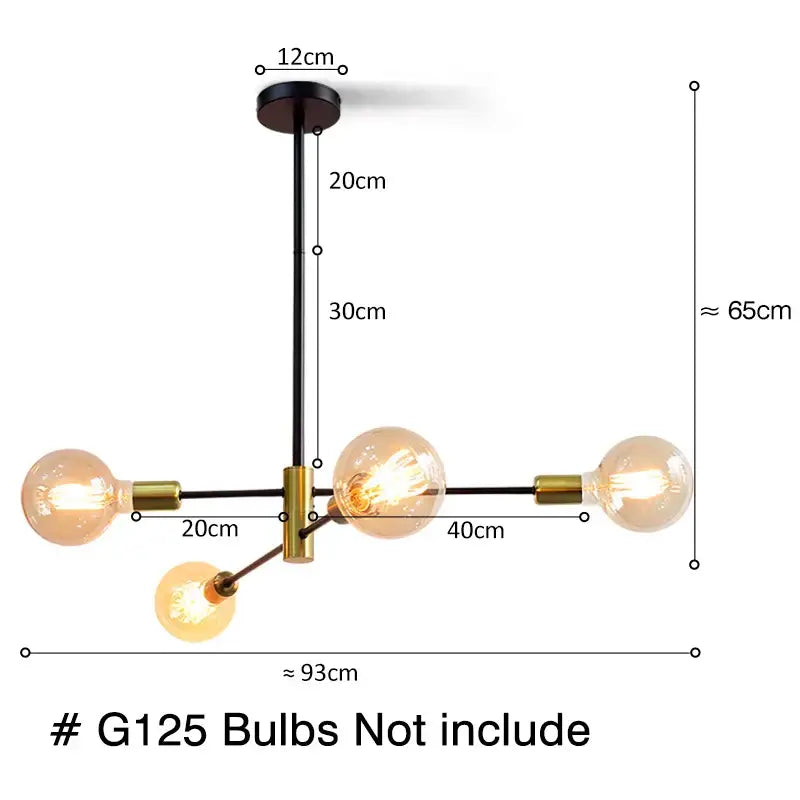 Black and brass modern decorbites led ceiling chandelier with four exposed bulb sockets in industrial iron finish