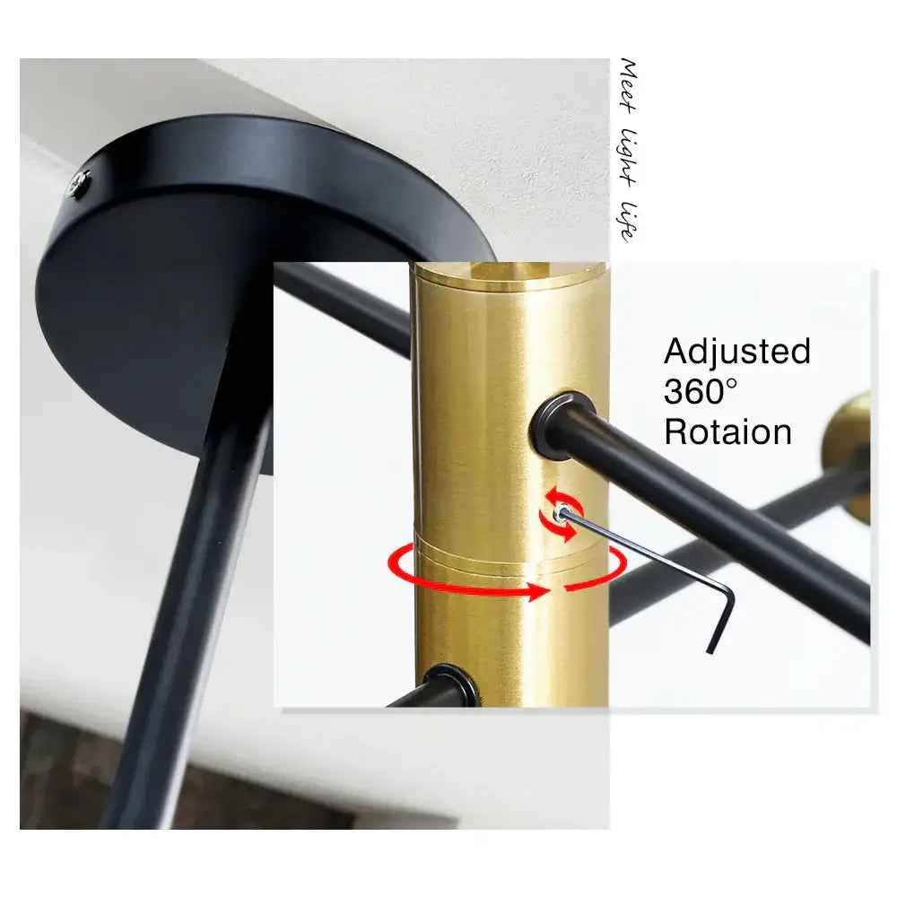 Brass-finished cylindrical led ceiling light fixture with black adjustable arms and matte black iron mount by decorbites led ceiling