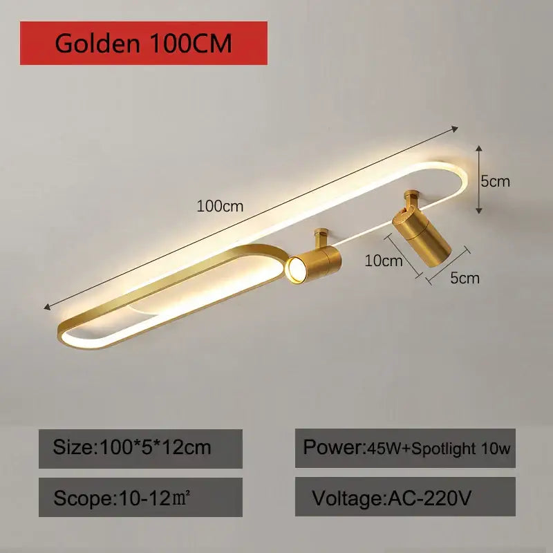 Golden 100cm DecorBites LED ceiling light with sleek elongated design and adjustable spotlights for modern interior lighting