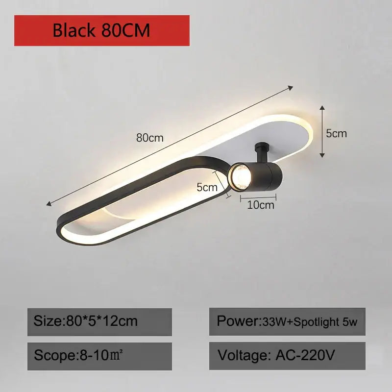 Black 80cm DecorBites LED ceiling lights with sleek curved design and integrated spotlight for modern interior lighting