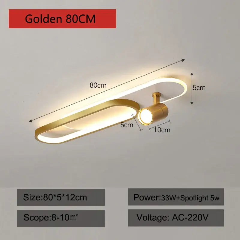 Golden 80cm modern DecorBites LED ceiling light with sleek oval design and integrated spotlight for living spaces