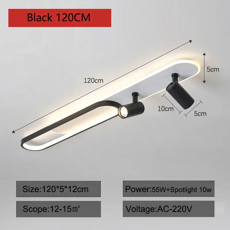 Black 120cm decorbites led ceiling light with integrated linear fixture and two adjustable spotlights for modern spaces