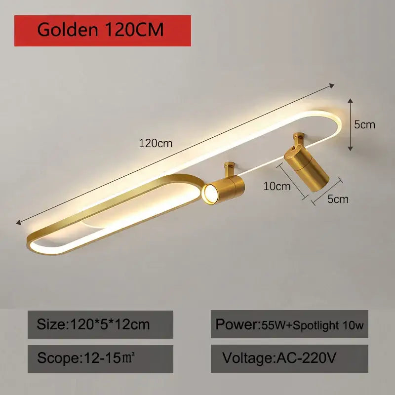 Golden 120cm decorbites LED ceiling lights with sleek elongated design and adjustable spotlight for modern interiors